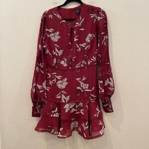 Bardot Dress L/S Keyhole Floral Maroon Boho Size 6
